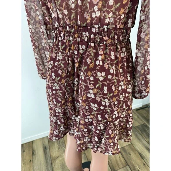 Womens Wine Chiffon Floral Mini Fit & Flare Dress Juniors L - Picture 6 of 15